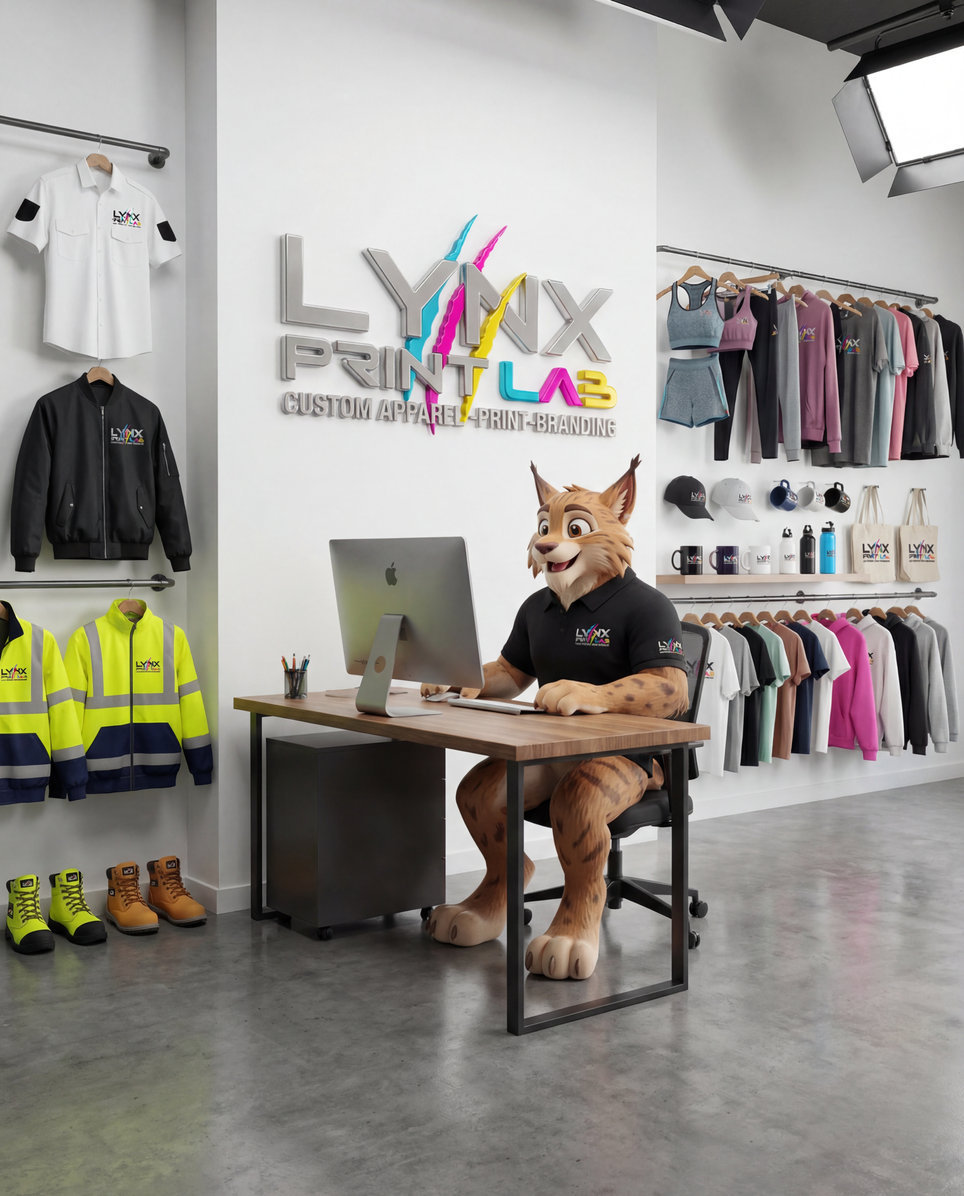 LYNX Print Lab printing mascot for the apparel printing section
